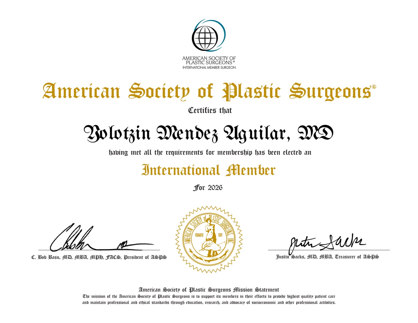 Diploma de miembro internacional de la American Society of Plastic Surgeons 2026 a nombre de la Dra. Yolotzin Méndez