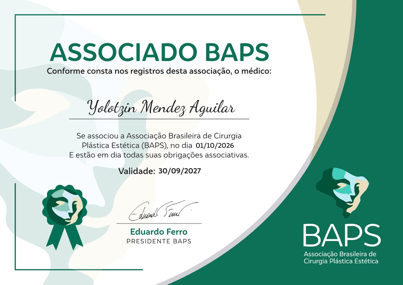 Diploma de miembro de la Asociación Brasileña de Cirugía Plástica Estética (BAPS) a nombre de la Dra. Yolotzin Méndez