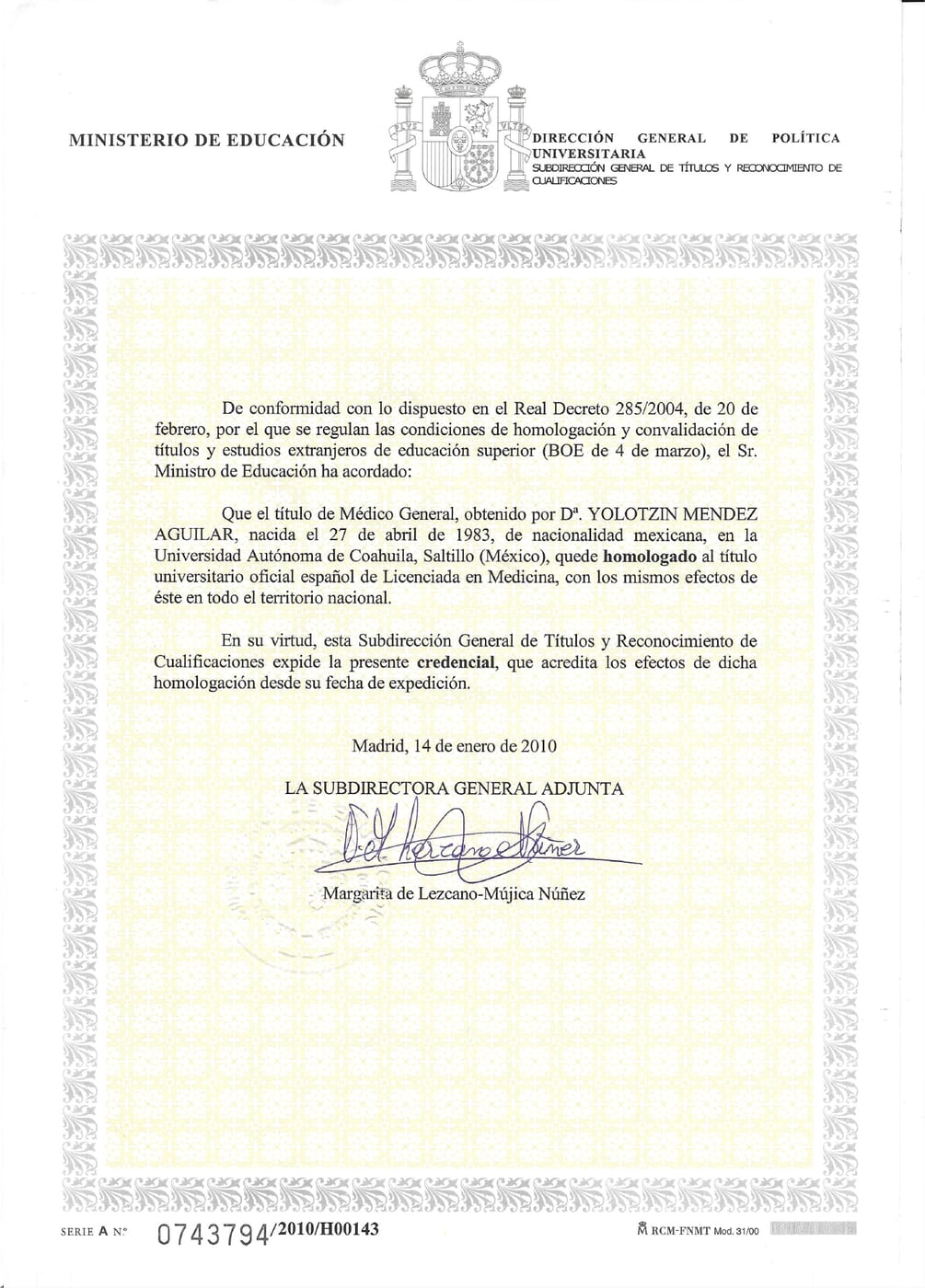 Ministerio de Educación de España. Homologación del título de médica